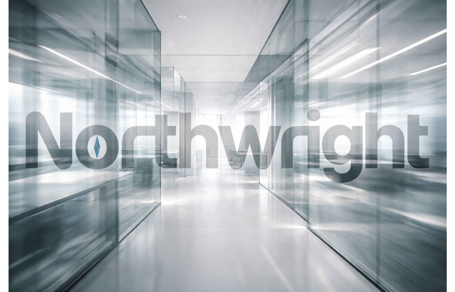 The Northwright logotype in a high-end minimal office environment, glass walls, overhead lighting, professional atmosphere